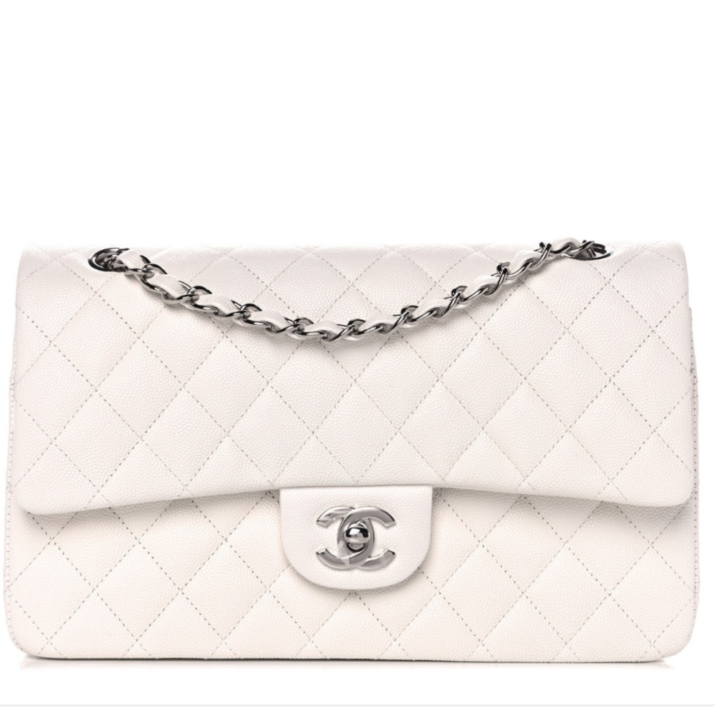 Caviar Quilted Medium Double Flap White